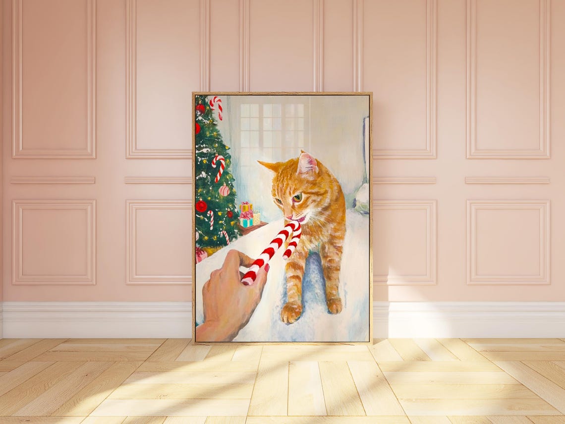 Ginger Tabby Cat Licking Candy Cane by the Christmas Tree Poster