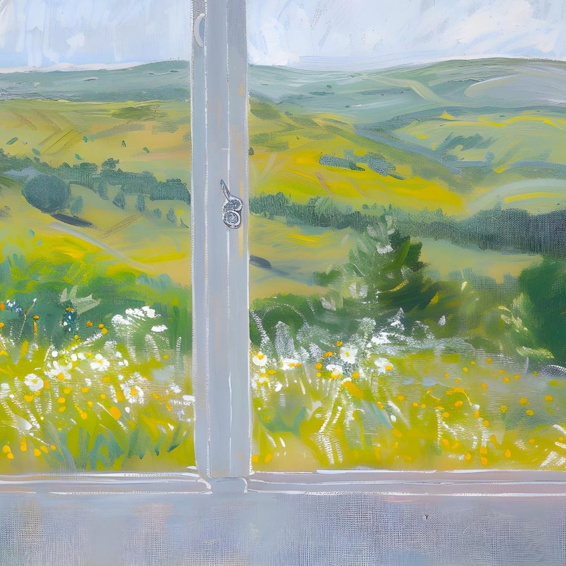 Sunny Summer Meadow View Through Open Window Wildflowers Poster