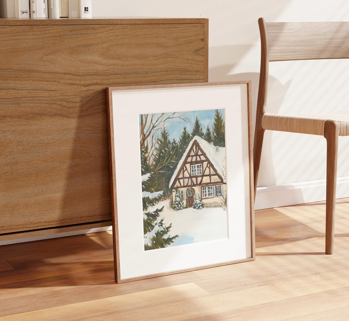 Cozy Snowy Half Timbered Cottage Winter Forest Painting Poster - Image 2