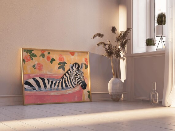 Zebra In Pink Bathtub Painting Floral Maximalist Animal Poster