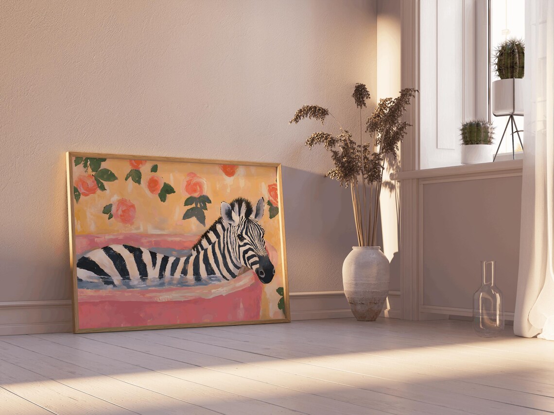 Zebra In Pink Bathtub Painting Floral Maximalist Animal Poster