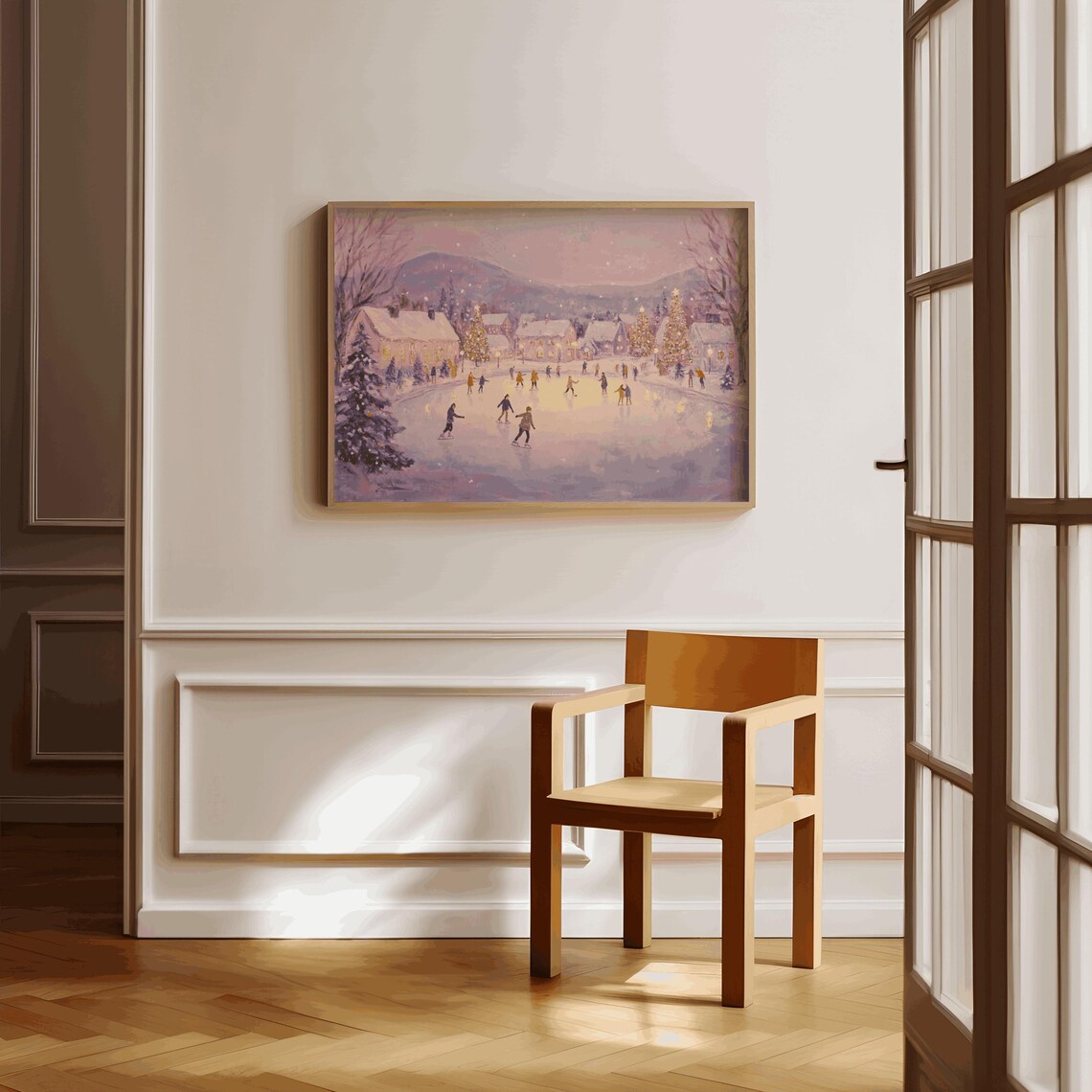 Village Ice Skating Pond Dusk Cottages Winter Painting Poster - Image 3