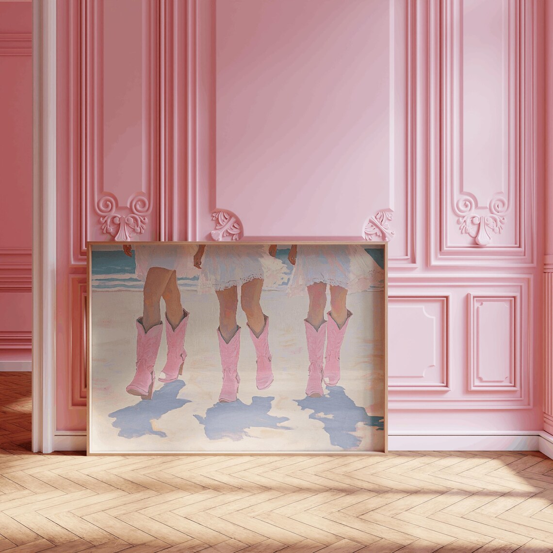 Three Cowgirls Pink Boots Beach Coastal Cowgirl Western Poster