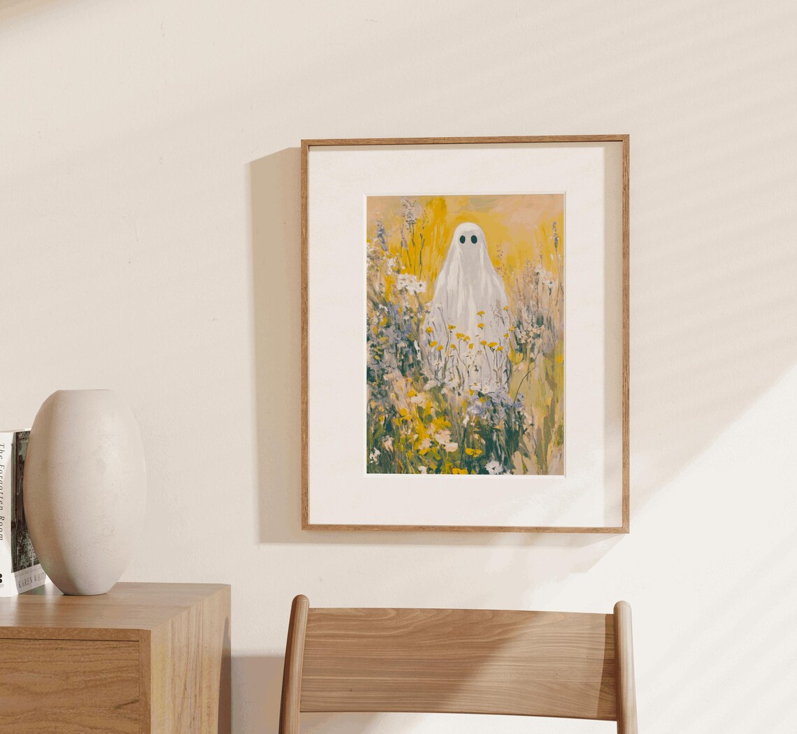 Cute Ghost Wildflower Meadow Spooky Sweet Pastel Halloween Poster - Image 3