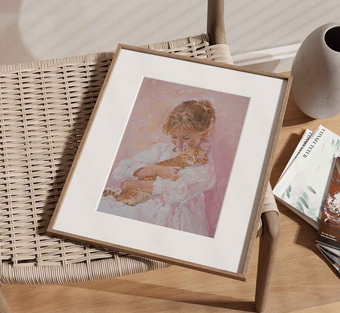 Little Girl Ginger Cat Nursery Wall Art Print Little Kids Room Decor Cute Pastel Vintage Farmhouse Antique Orange Cat