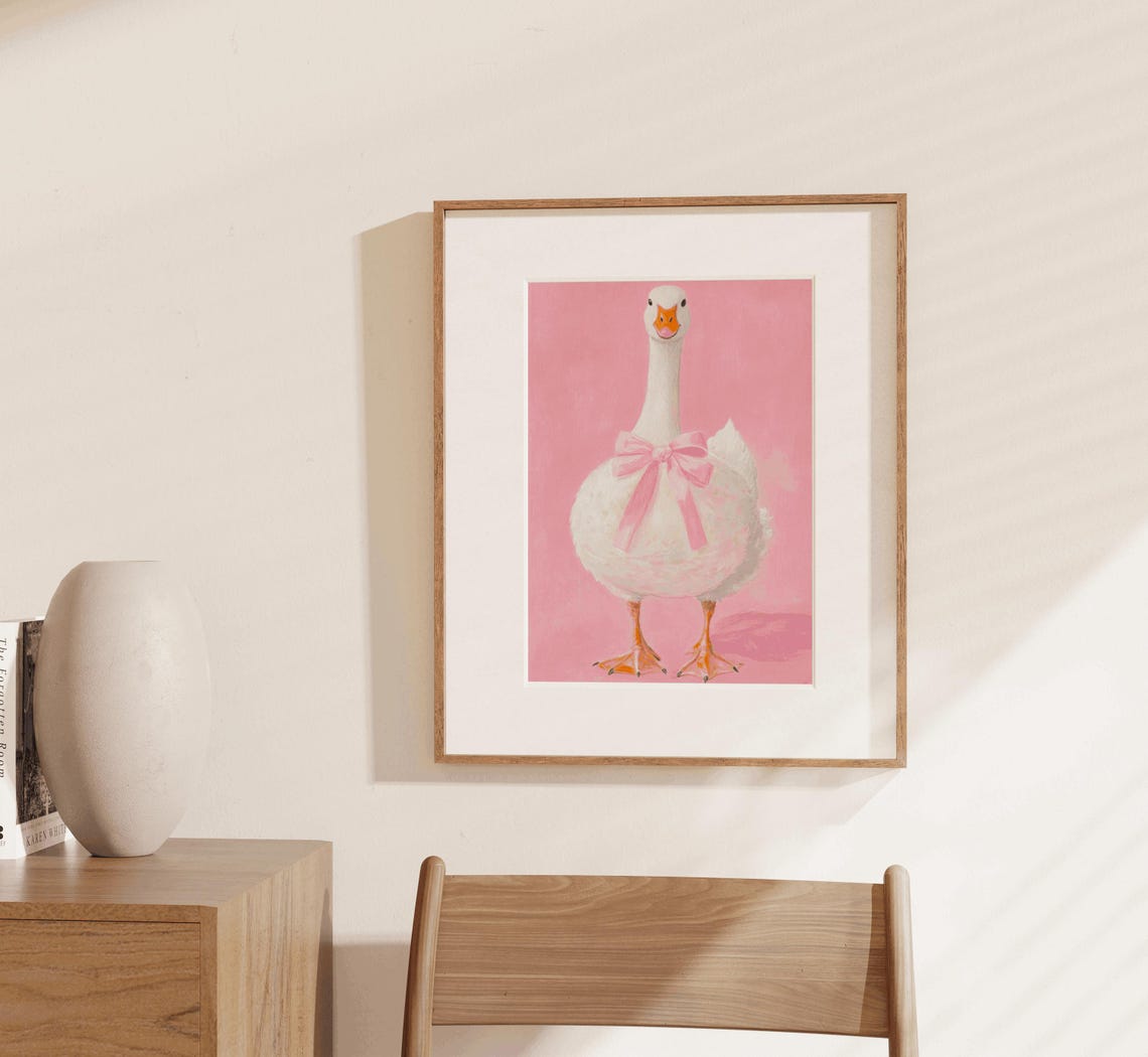 White Goose Pink Bow Coquette Soft Pink Nursery Watercolor Poster - Image 3