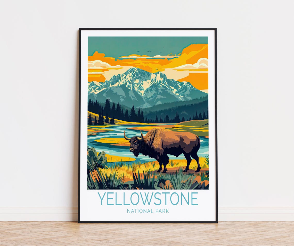 Yellowstone Bison Sunset River Caption Below Wildlife Poster