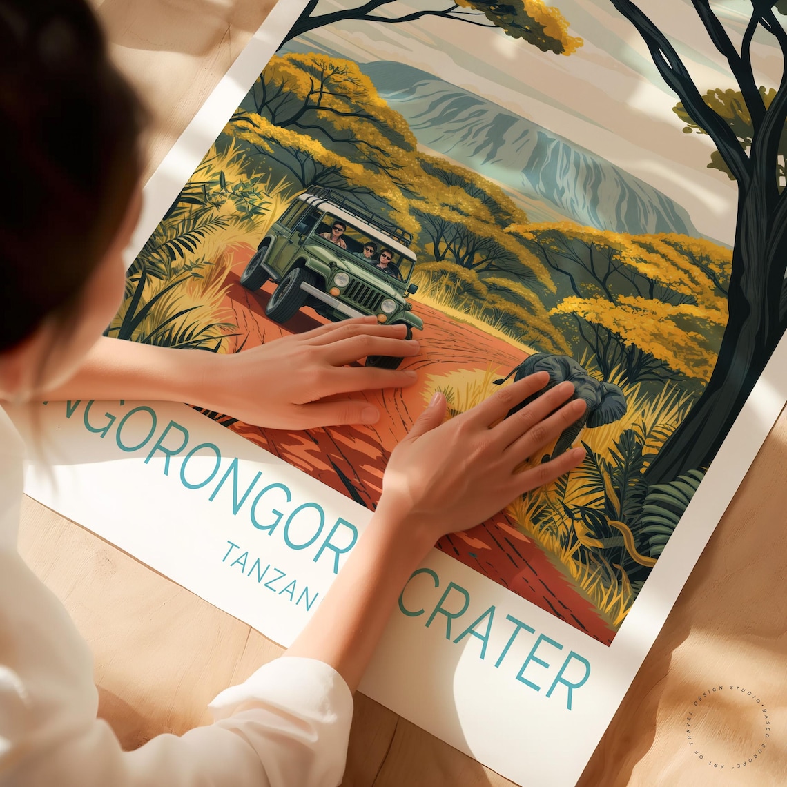 Ngorongoro Crater Tanzania Safari Jeep Elephant Vintage Travel Poster - Image 3