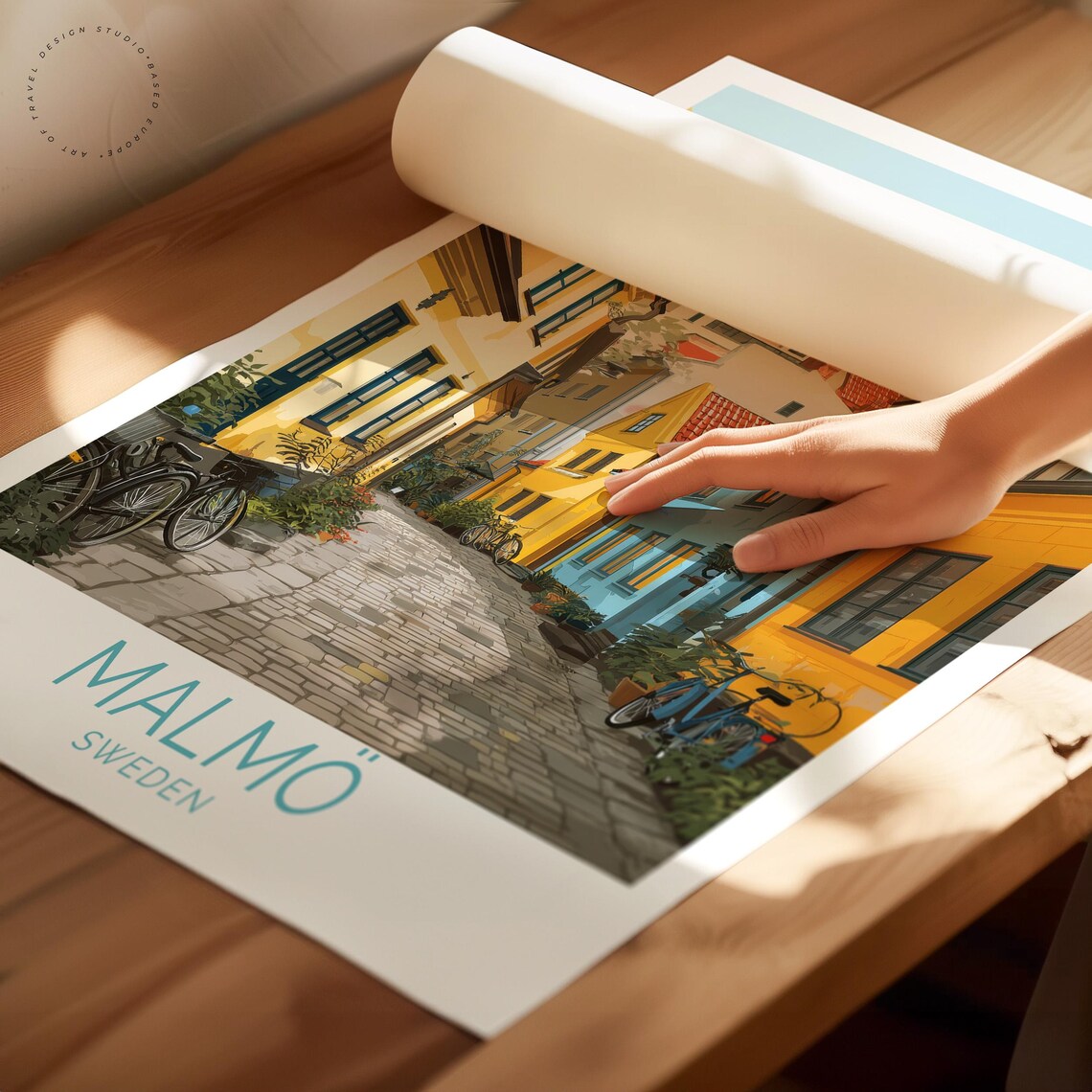 Malmo Sweden Cobblestone Lane Colorful Townhouses Travel Poster - Image 2