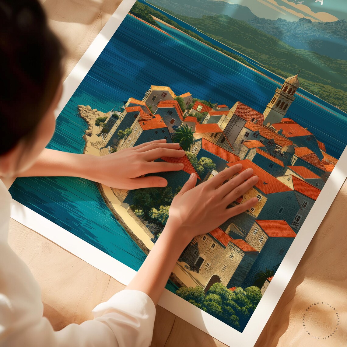 Korcula Croatia Old Town Red Roofs Church Tower Seaside Travel Poster - Image 3