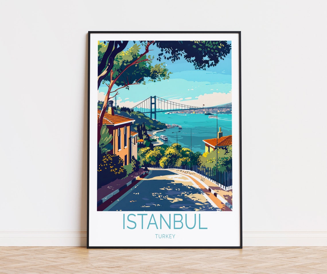 Istanbul Turkey Bosphorus Bridge Hillside Street Travel Poster