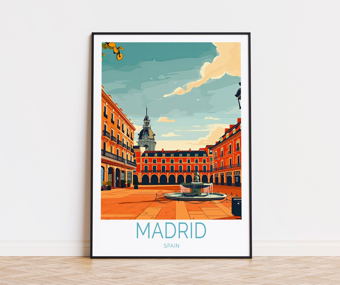 Madrid Spain Historic Plaza With Fountain And Old Buildings Poster