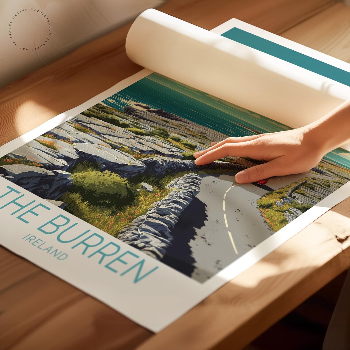 The Burren Ireland Coastal Road Trip With Red Car Travel Poster - Image 2