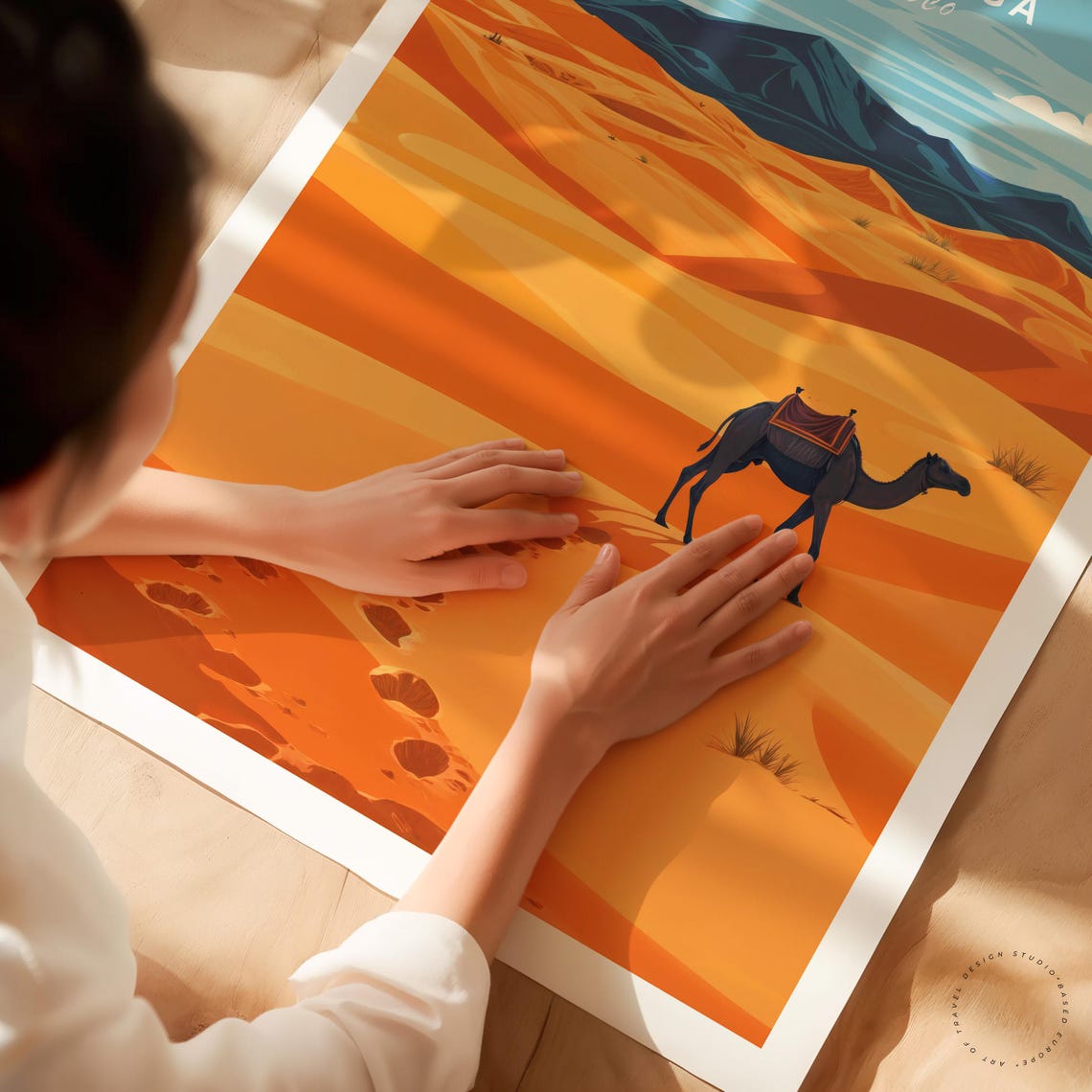 Merzouga Morocco Lone Camel Sahara Desert Dunes Vintage Art Poster - Image 3