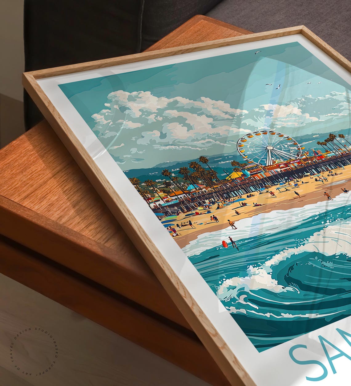 Santa Monica California Pier Over Breaking Ocean Waves Travel Poster - Image 3