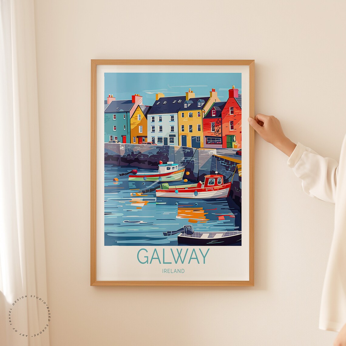 Galway Ireland Colorful Harbor Boats Quayside Bottom Title Poster - Image 2
