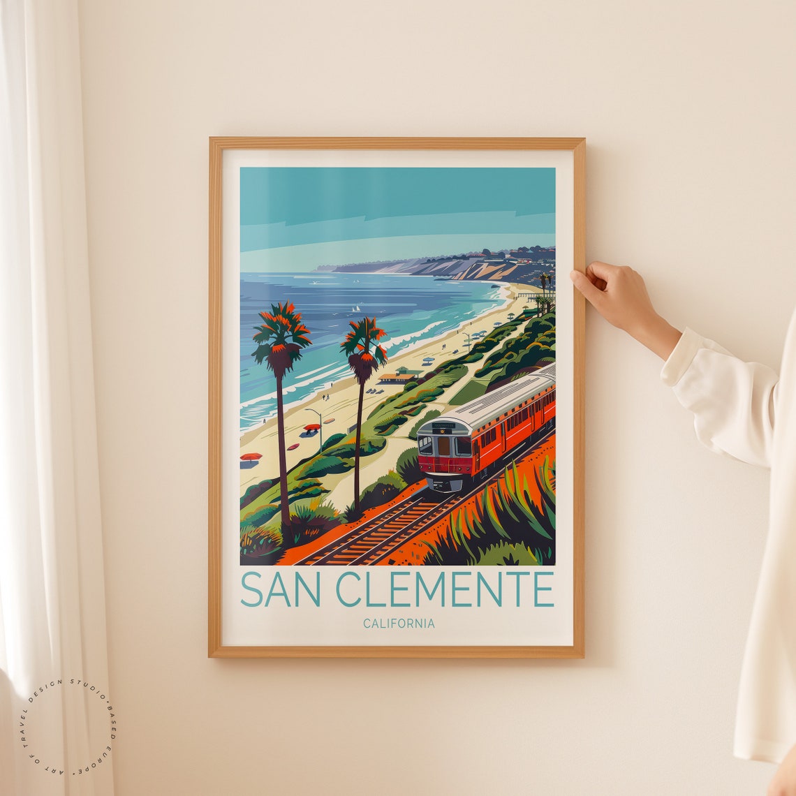 San Clemente California Coastal Train Beach Palm Scene Wall Art - Image 2