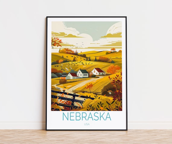 Nebraska USA Autumn Farmland Barns Cattle Rolling Hills Travel Poster