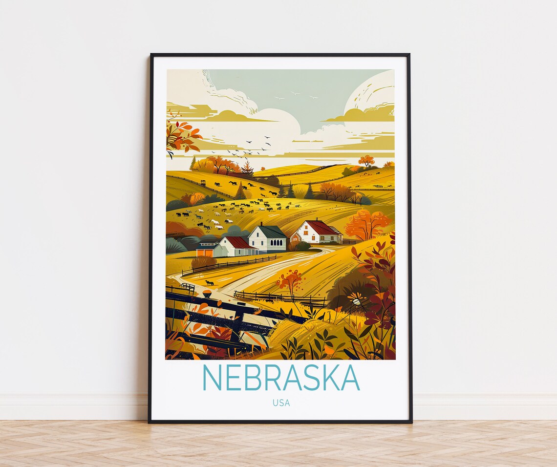Nebraska USA Autumn Farmland Barns Cattle Rolling Hills Travel Poster