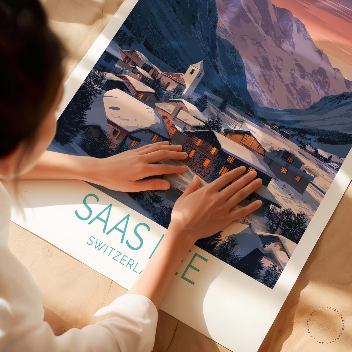 Saas Fee Switzerland Alpine Village Snowy Dusk Sky Travel Poster - Image 3