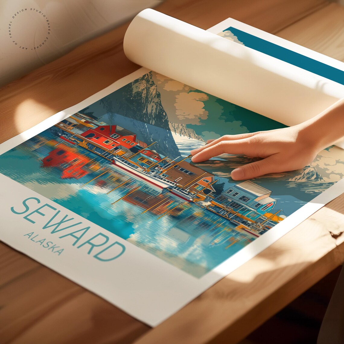 Seward Alaska Harbor Colorful Buildings Snow Peaks Travel Poster - Image 2