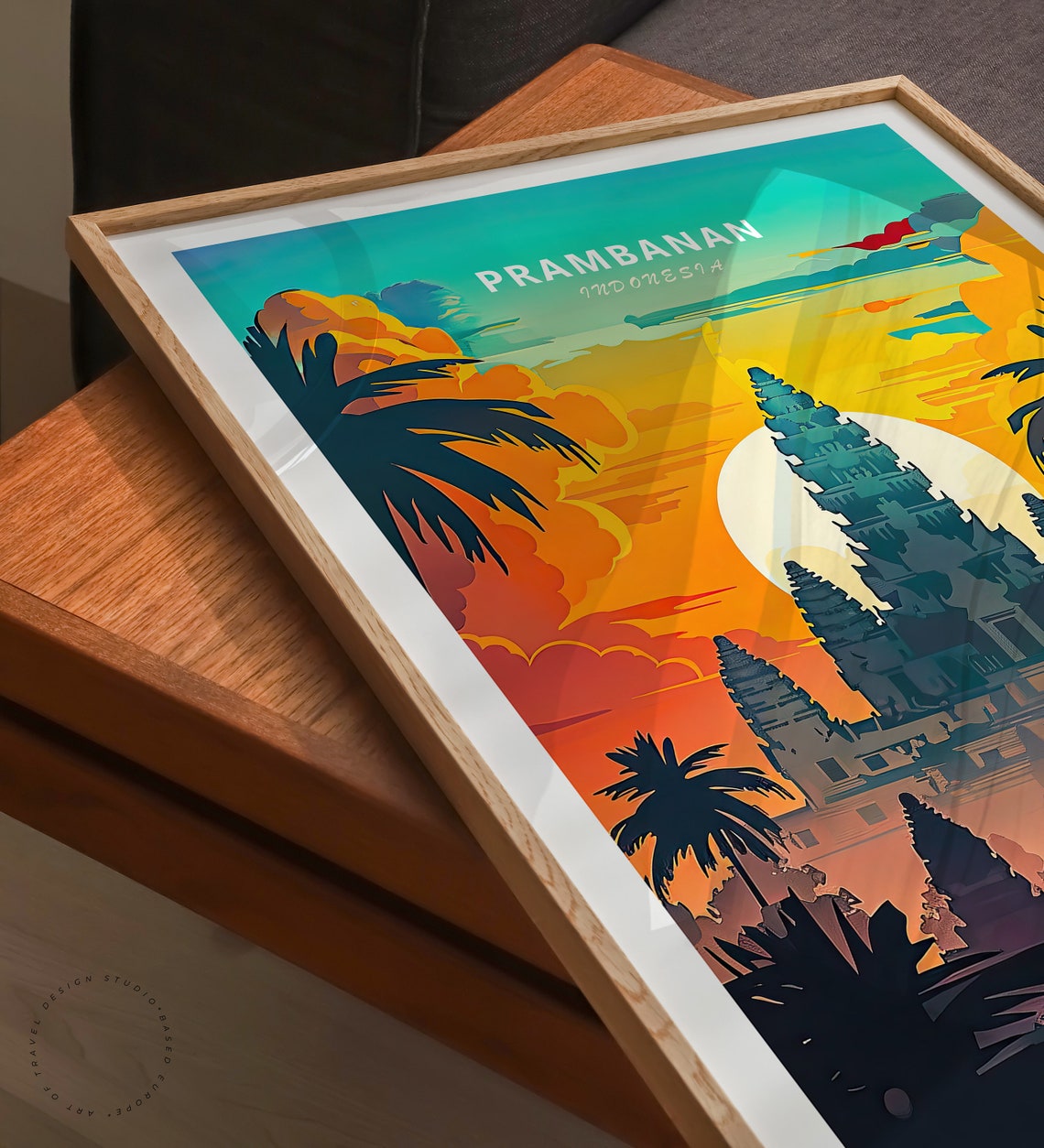 Prambanan Indonesia Temple Sunset Palm Trees Top Title Poster - Image 3