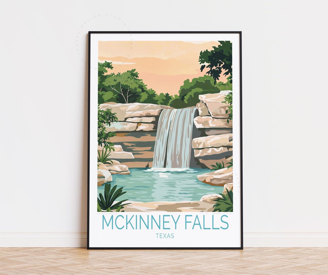 McKinney Falls Texas Sunset Waterfall Rocks Retro Travel Poster