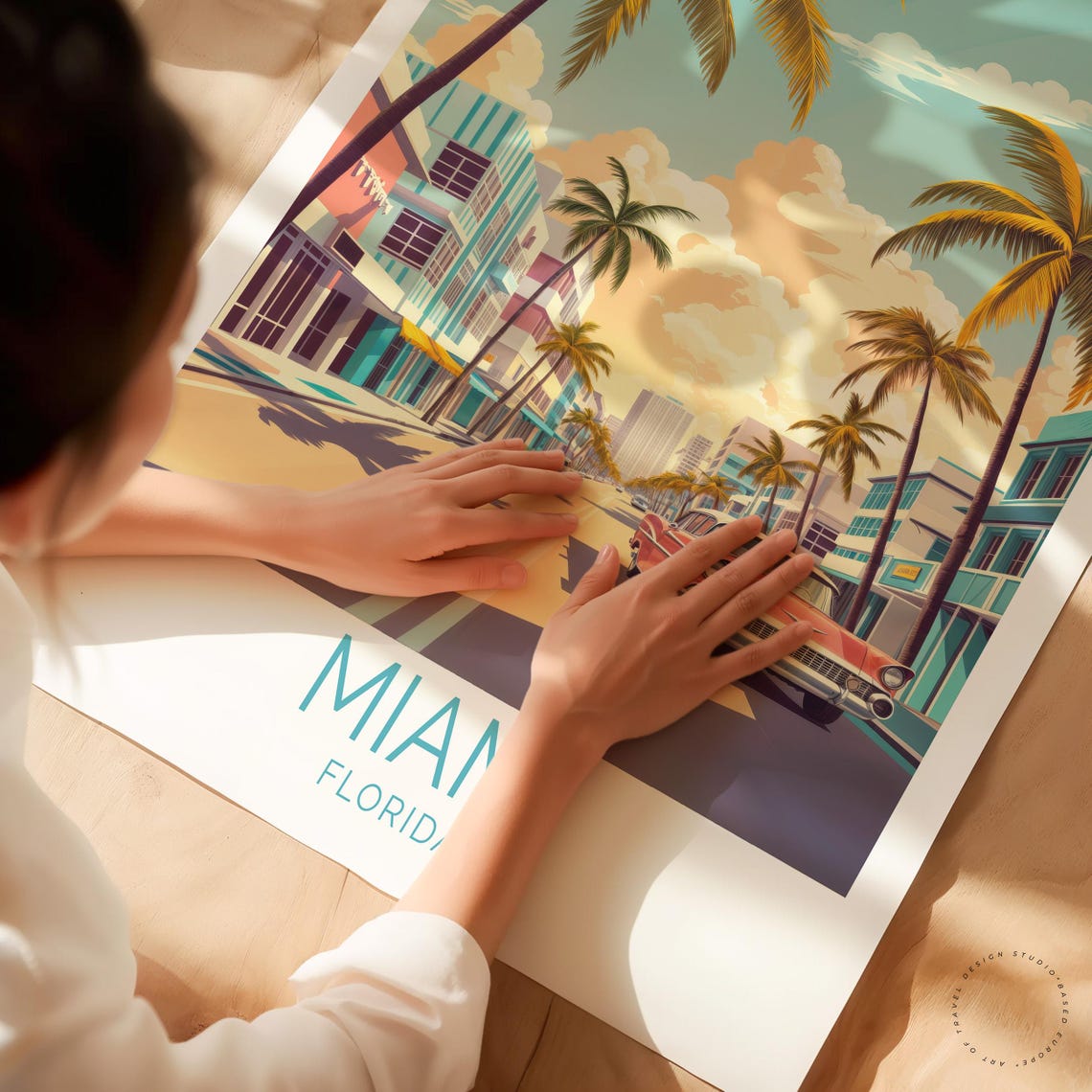 Miami Florida Art Deco Street Scene Vintage Classic Car Poster - Image 3