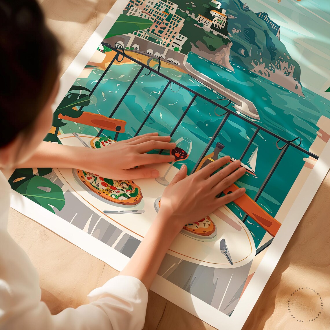 Naples Italy Amalfi Coast Balcony Pizzas Wine Sea View Dinner Poster - Image 3