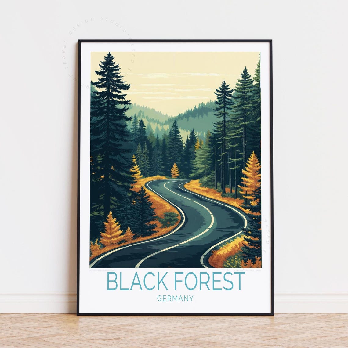 Black Forest Germany Curvy Forest Road Golden Pines Travel Poster