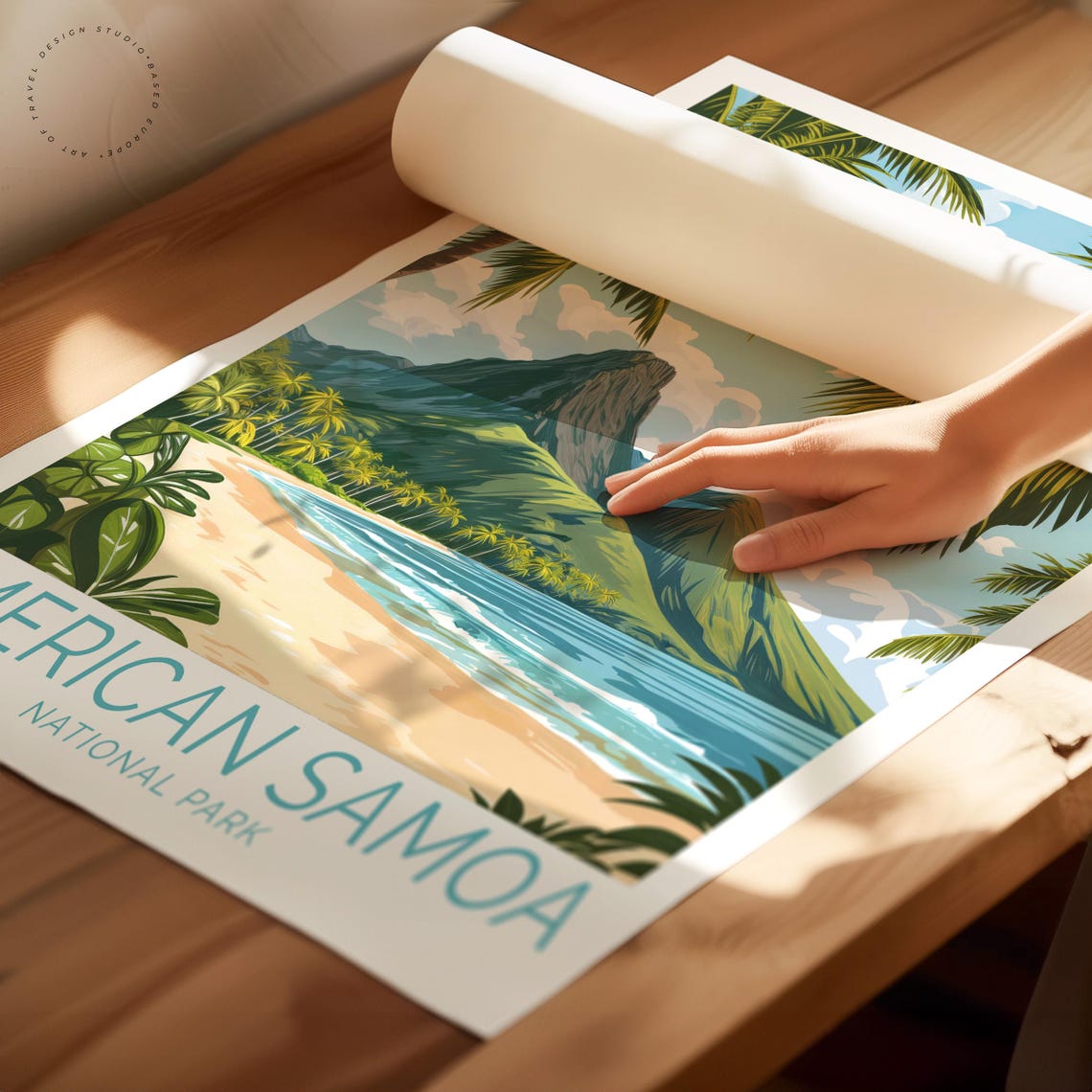American Samoa National Park Tropical Beach Palm Trees Volcano Poster - Image 2