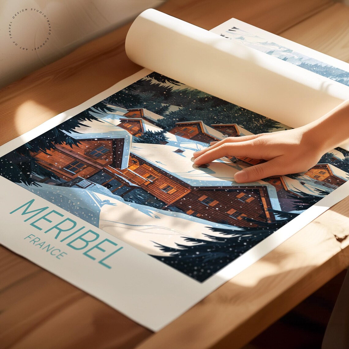 Meribel France Snowy Alpine Chalets Winter Ski Resort Village Poster - Image 2
