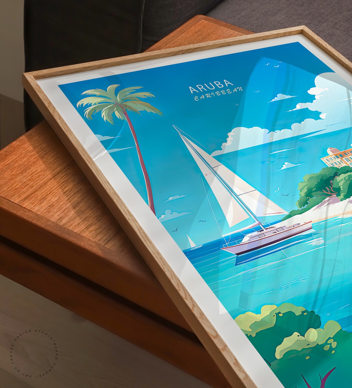 Aruba Caribbean Sailboat Beach Palm Tree Coastline Escape Poster - Image 3