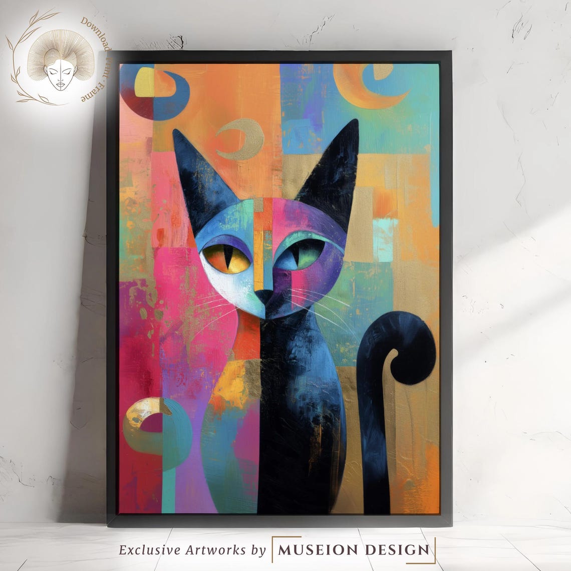 Colorful Cubist Cat Modern Abstract Feline Neon Blocks Art Poster