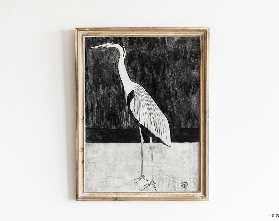 Black and White Heron Ink Drawing Elegant Monochrome Bird Print