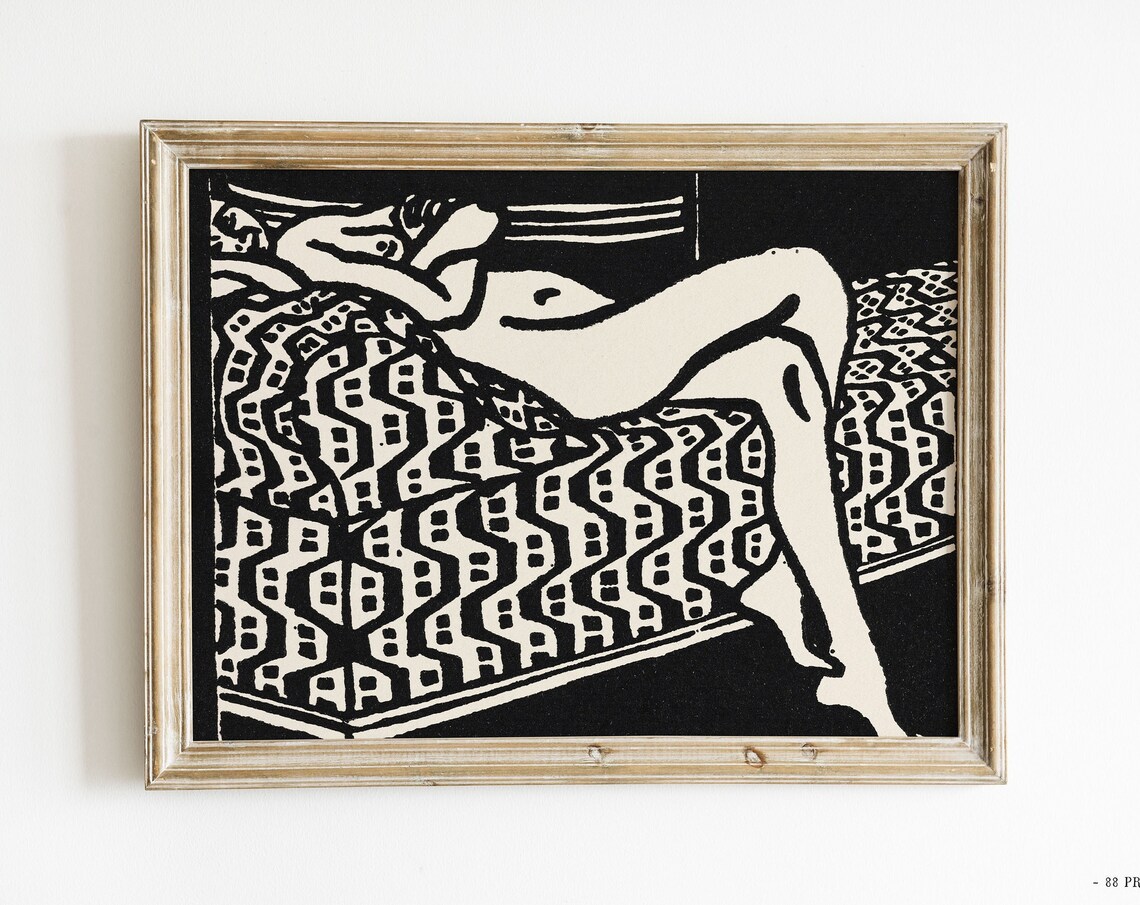 Reclining Nude Woman Black White Linocut Style Bold Art Print - Image 4