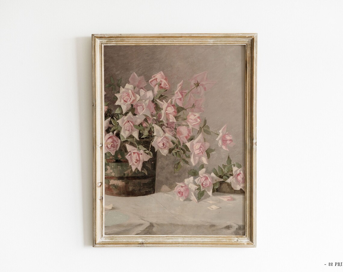 Vintage Victorian Pink Roses Still Life Floral Oil Painting Print