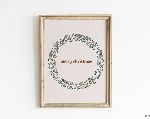 Merry Christmas Wreath Minimal Botanical Holiday Decor Art Poster