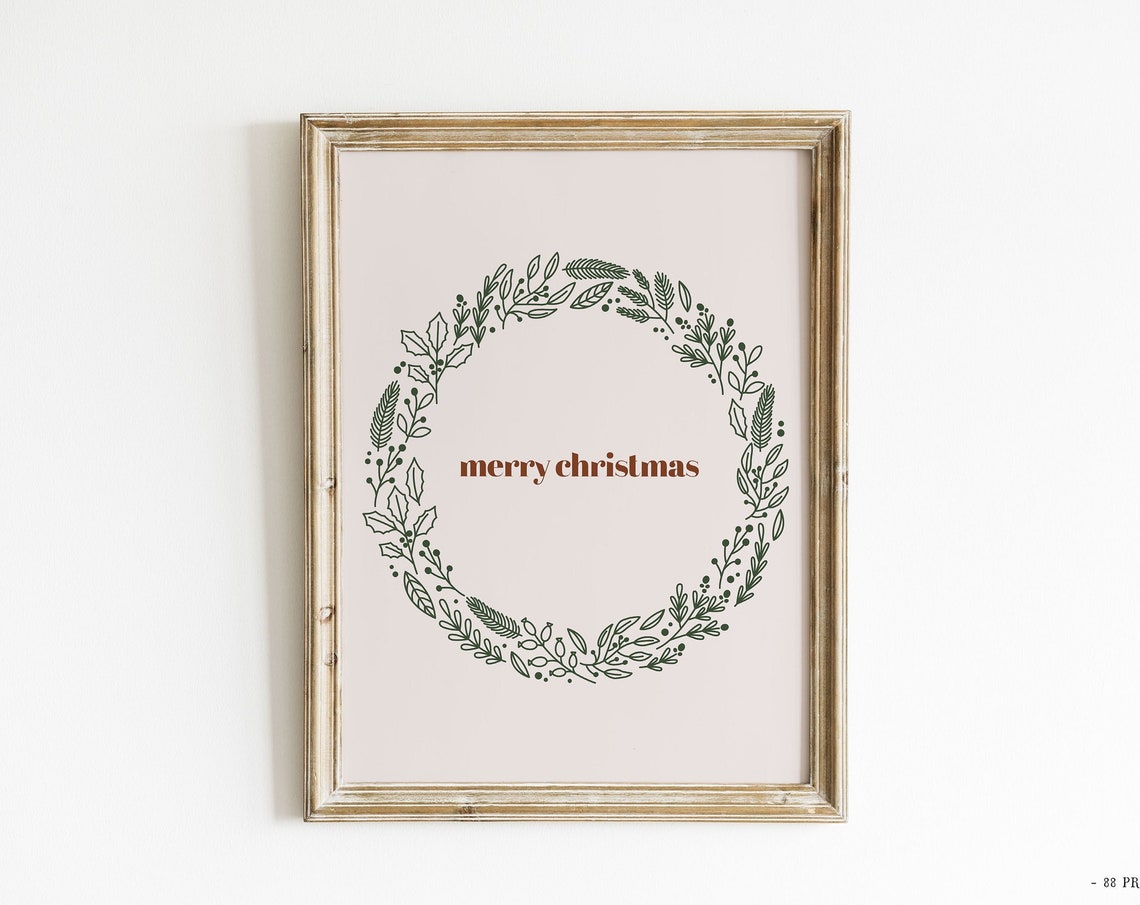 Merry Christmas Wreath Minimal Botanical Holiday Decor Art Poster