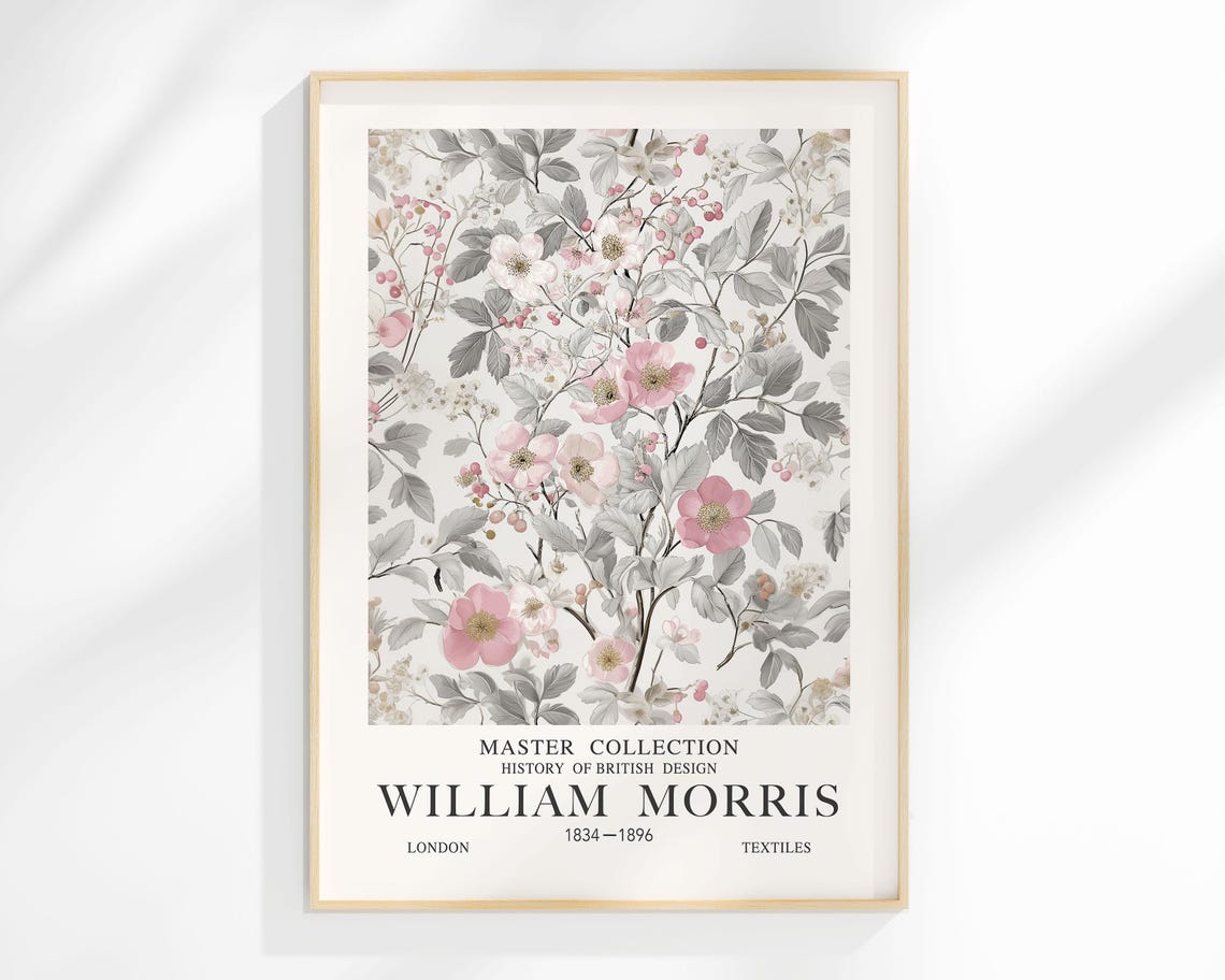 William Morris Flower Print Vintage Botanical Pink Roses Poster Victorian Wall Art
