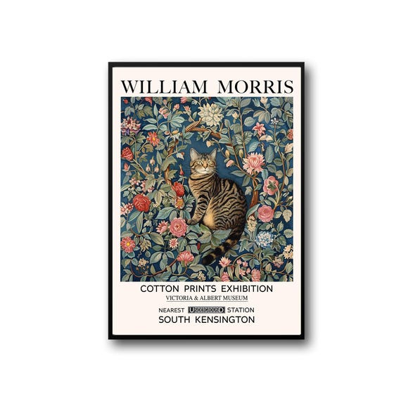 William Morris Tabby Cat Vintage Floral Art Print