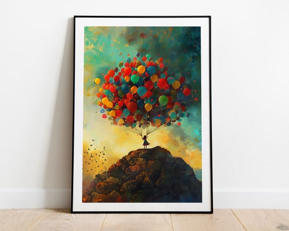 Girl And Balloons Art Print Whimsical Colorful Adventure