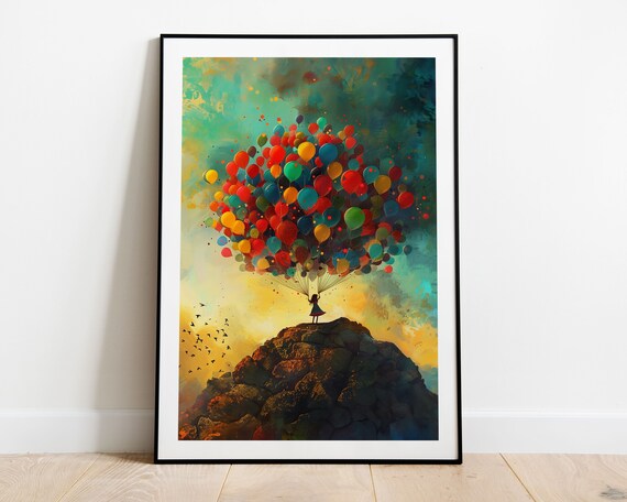 Girl Holding Colorful Balloons On Cliff At Sunset Whimsical Art Poster