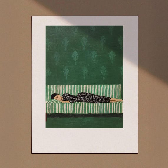 Green Woman Sleeping Print Sage Wall Art Vintage Abstract Painting Living Room Decor Trendy