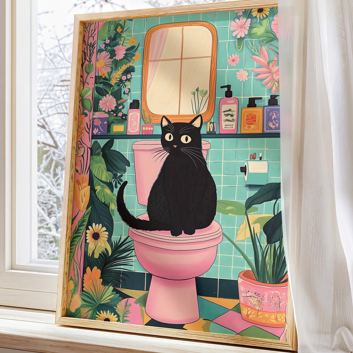 Black Cat Decor, Boho Botanical Bathroom Art