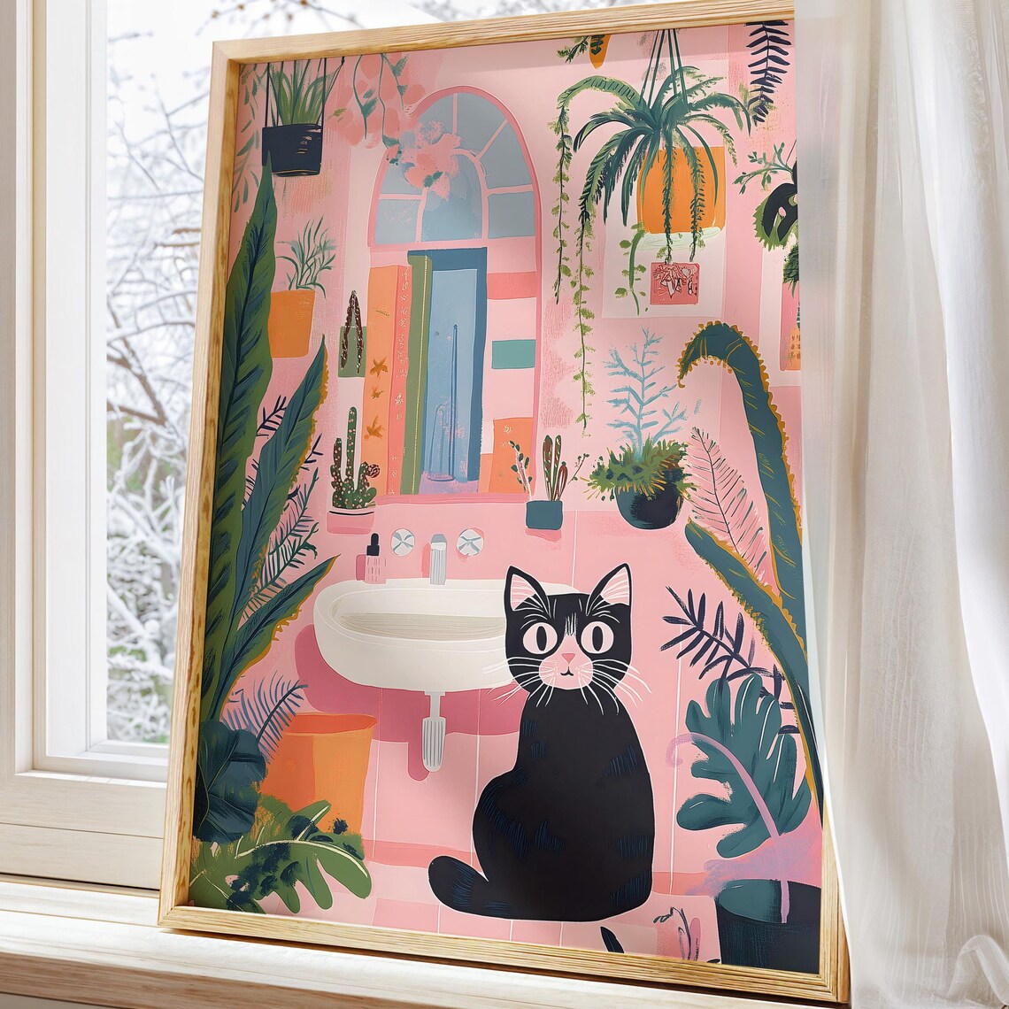 Black Cat in Pink Botanical Bathroom Whimsical Cat Plant Poster - Image 4