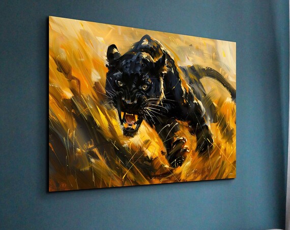 Charging Black Panther Golden Brushwork Fierce Animal Poster