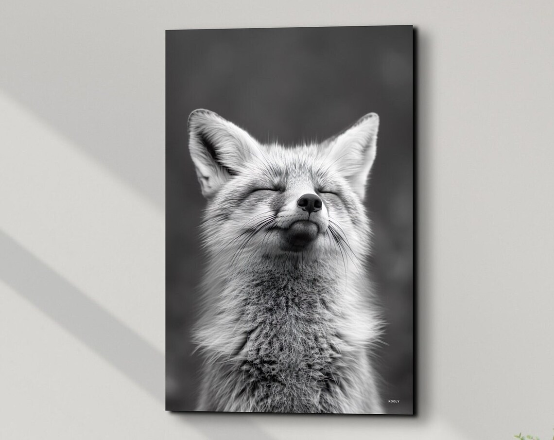 Smiling Fox Black and White Portrait Wildlife Photography Poster