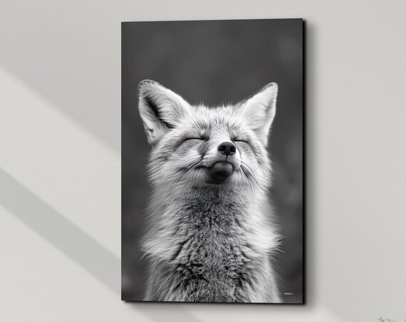 Smiling Fox Black and White Portrait Wildlife Photography Poster