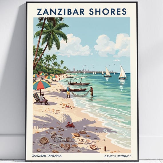Zanzibar Shores Travel Poster Vintage Art Print Coastal Wall Decor For Home Or Office Tropical Beach Artwork Gift